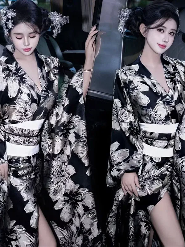 

Традиционный кимоно-халат для фотостудии: Новинка! Черный, в стиле самурая, для девушек, модифицированный японский стиль, молодежная мода, полиэстер.