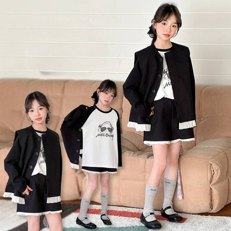 

Шикарный дизайн, комплект одежды для девочек-подростков, жилет с краями листьев лотоса, шорты, кружевной костюм для маленьких детей, детская одежда, белая, черная хлопковая футболка 14