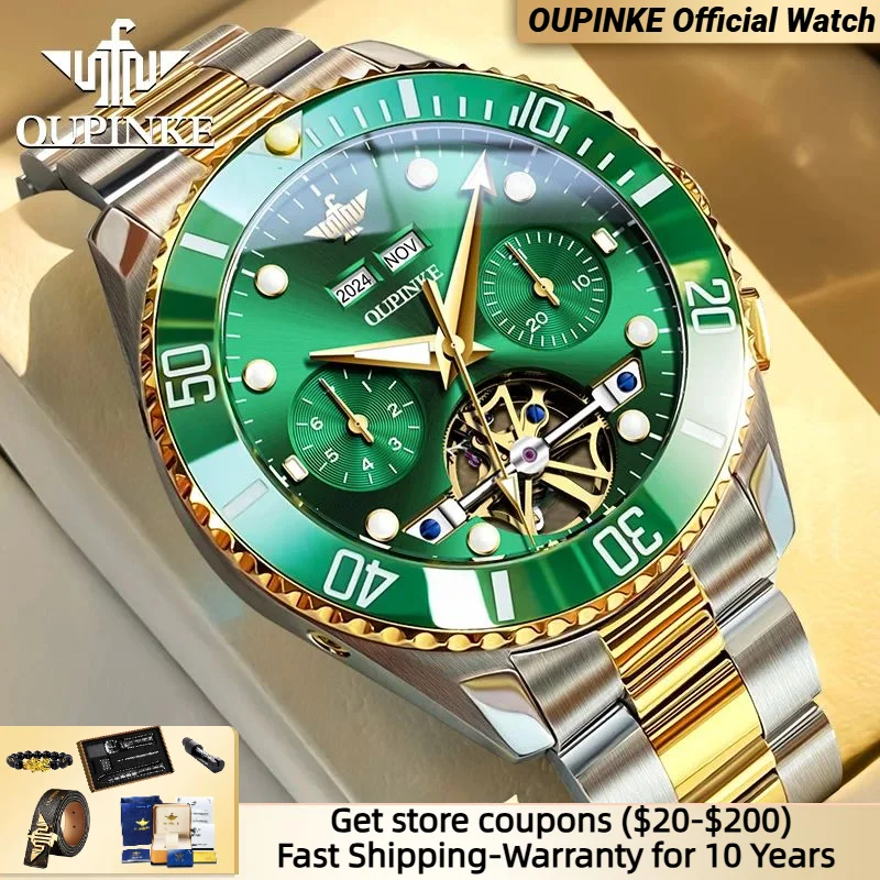 OUPINKE 3229 Top Brand Watches for Men Deep Waterproof Diving Trend Rotating Bezel Calendar Tungsten steel Strap Wristwatches