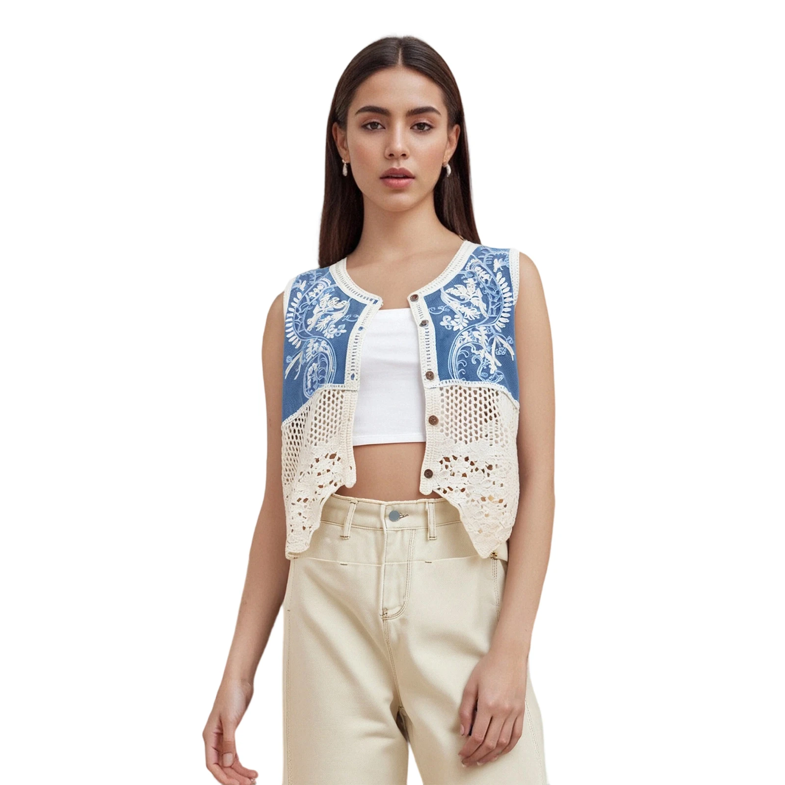 

Women Denim Crochet Vest Jacket Flower Embroidered Round Neck Button-up Sleeveless Jean Tops Summer Streetwear