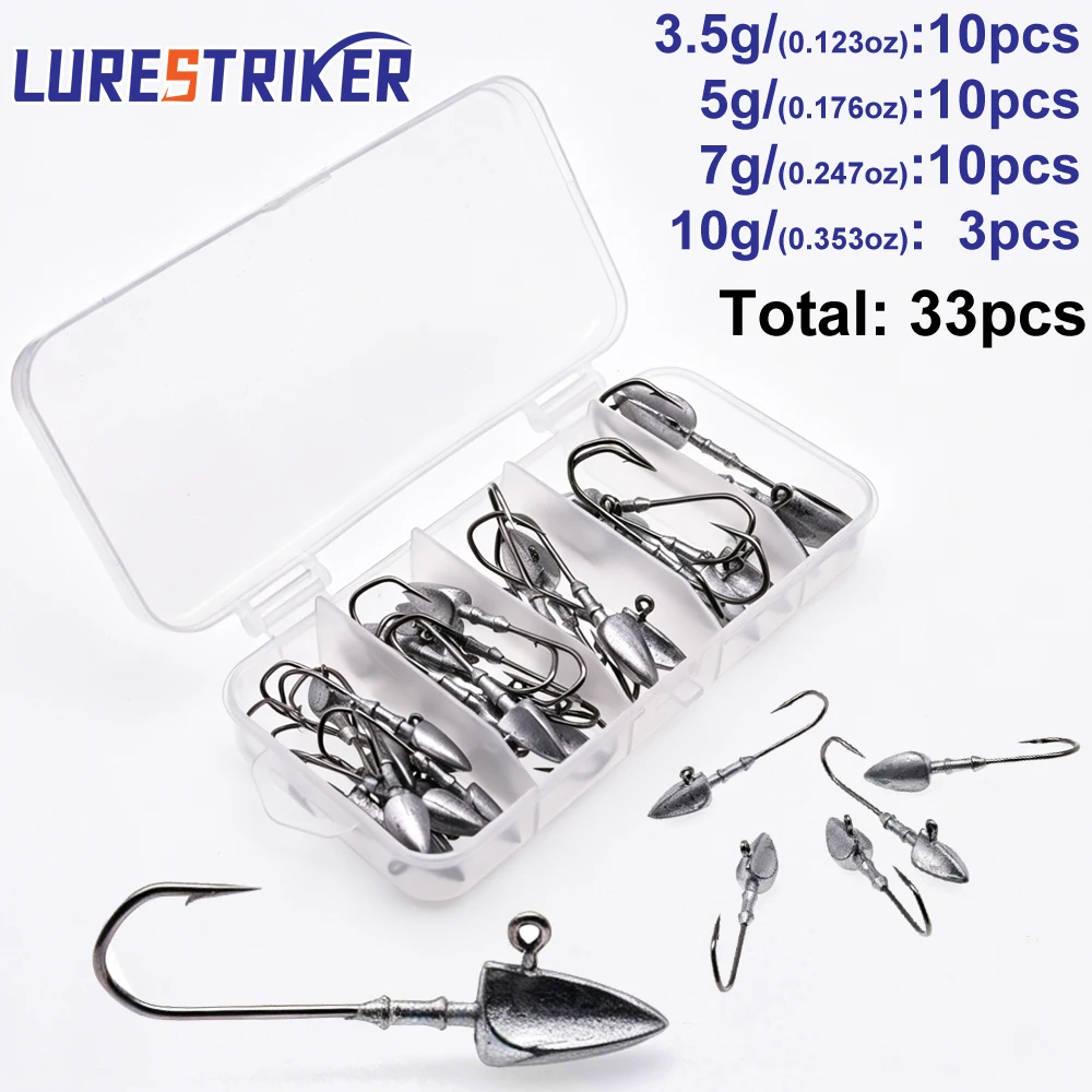 33pcs/box 3.5g/5g/7g/10g Triangle Head Jig Hooks for Soft Worm Fishing Tackle Sea Fishing Hook Lure Bait Combo Set