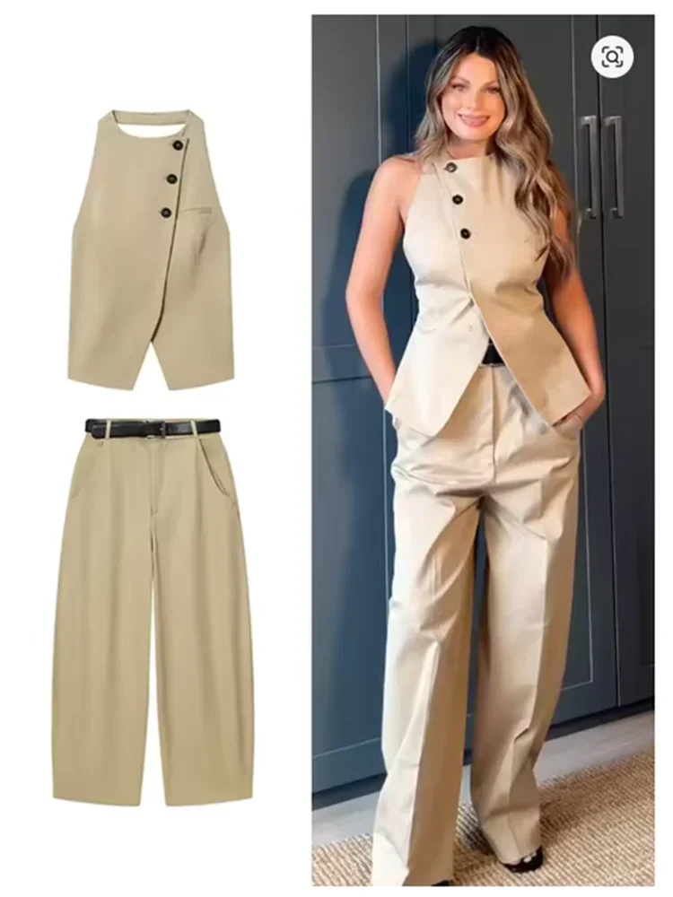 

Сексуальные женские топы с открытой спиной, прямые брюки, шикарные однотонные топы без рукавов с лямкой на шее, повседневные брюки на молнии с поясом, осенняя одежда