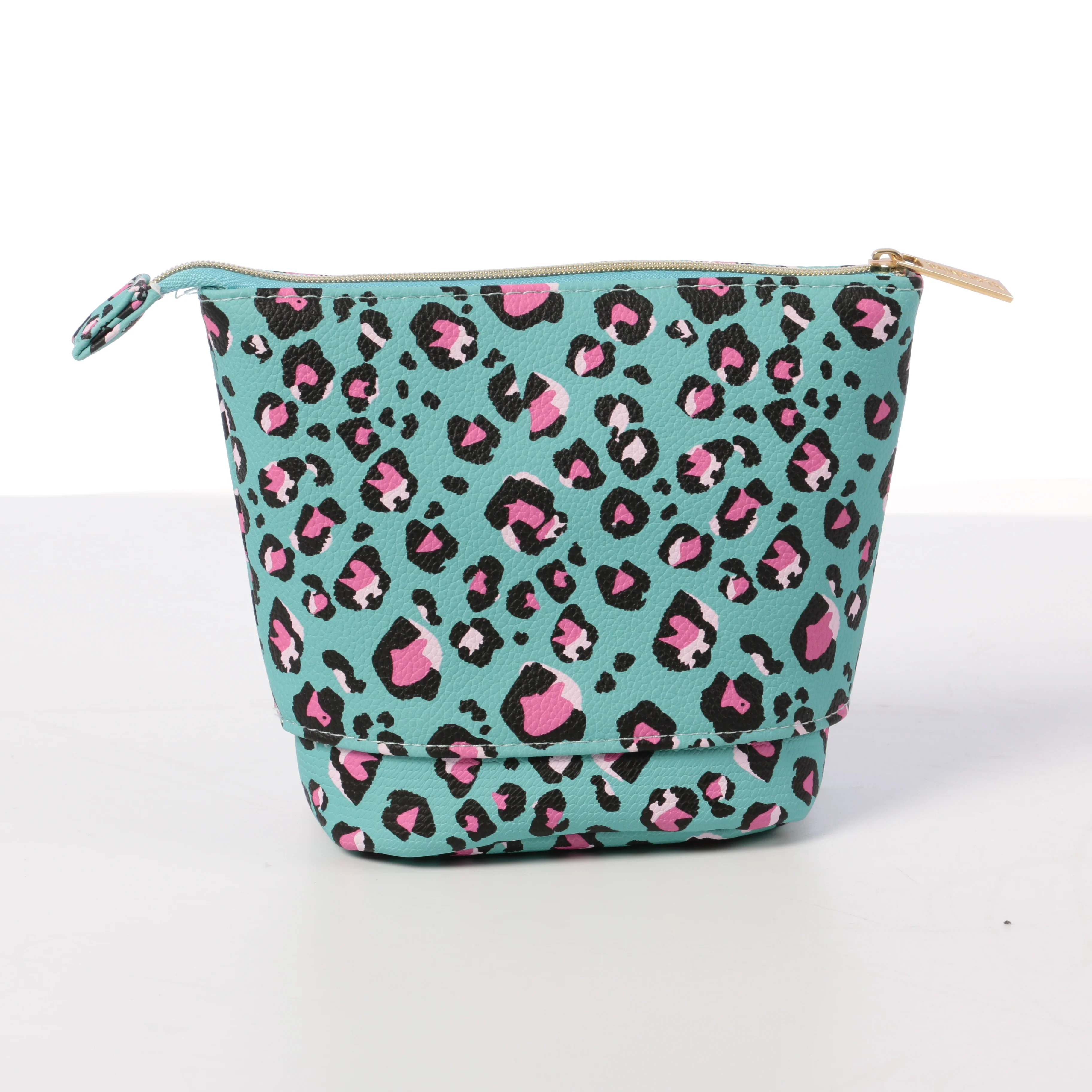 Adjustable Height Stand-Up Cosmetic Organizer, Makeup Brush Holder & Travel Bag, Blue Leopard Print Storage Pouch with 5-Piece Makeup Brush Set