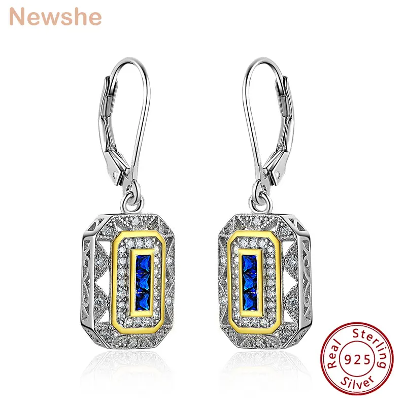 Newshe Solid 925 Sterling Silver K Gold Dangle Drop Earrings for Women Sapphire White AAAAA CZ Vintage Jewelry JE1581