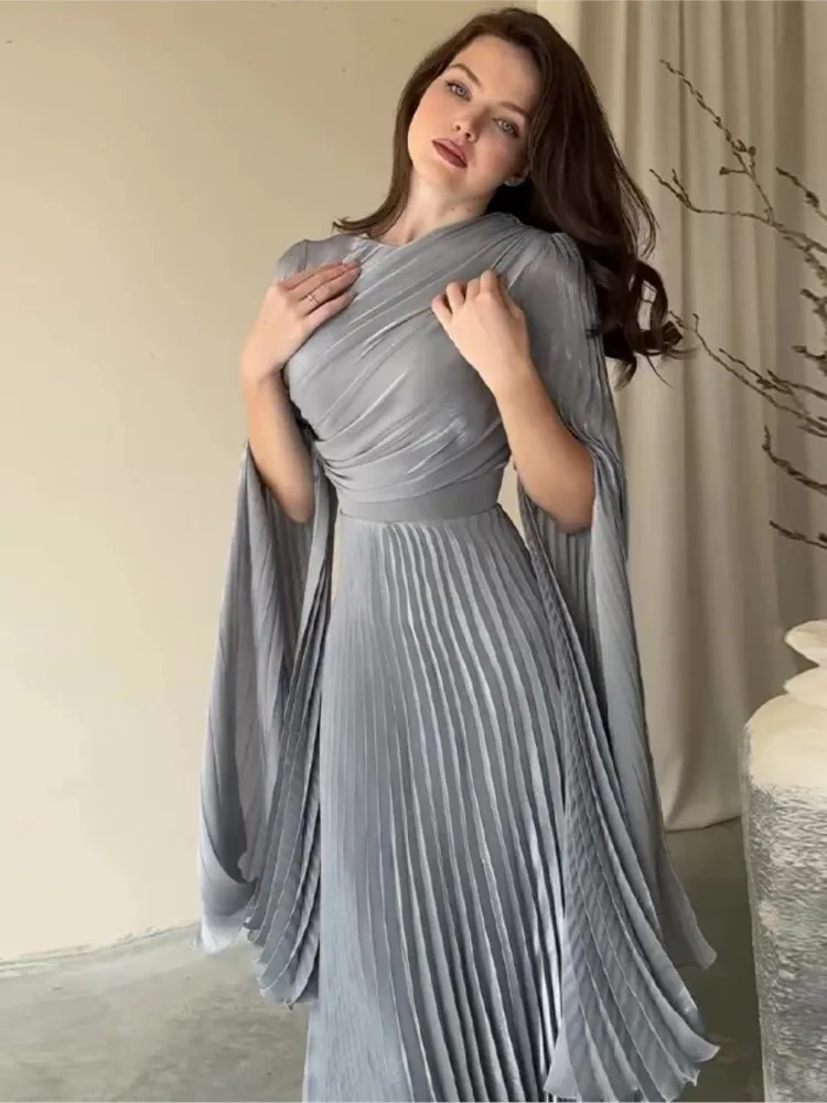 فستان أنيق ذو ثنيات بلون واحد موضة عالية الخصر فساتين سهرة طويلة ضيقة لخريف 2025 فساتين حفلات نسائية بأكمام طويلة #4