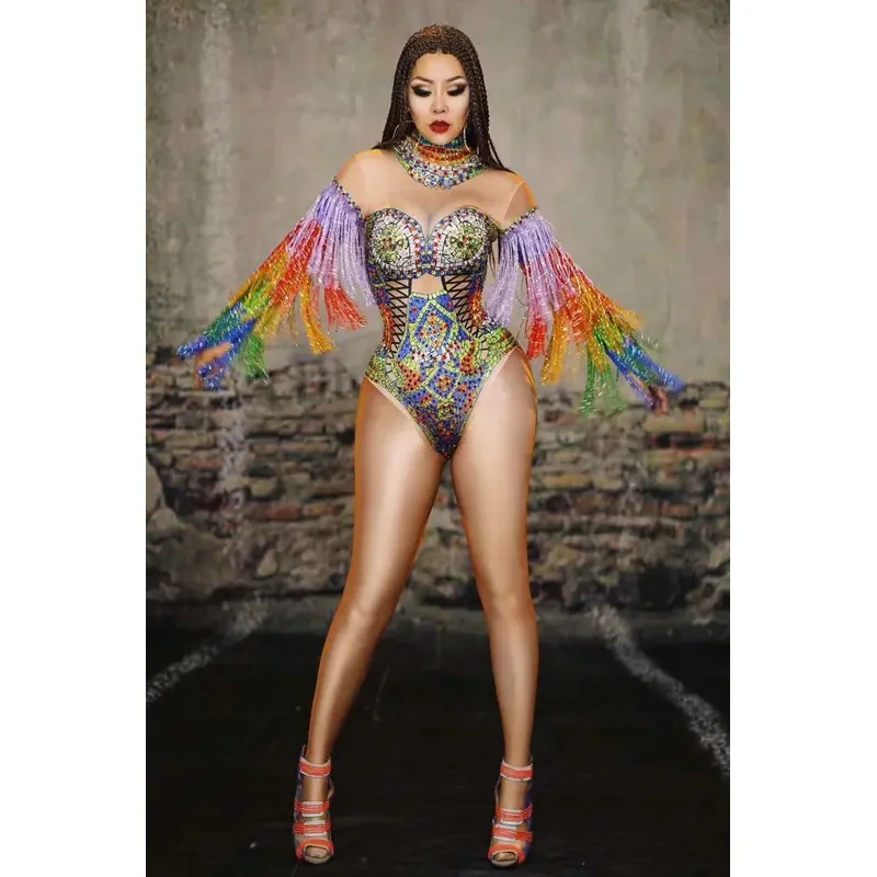 

Fringe Sleeve Rhinestones Tights Stage Wear Sexy Tassel Glisten Crystals Bodysuit Bar DJ Sexy Singer Dancer Dance Costume