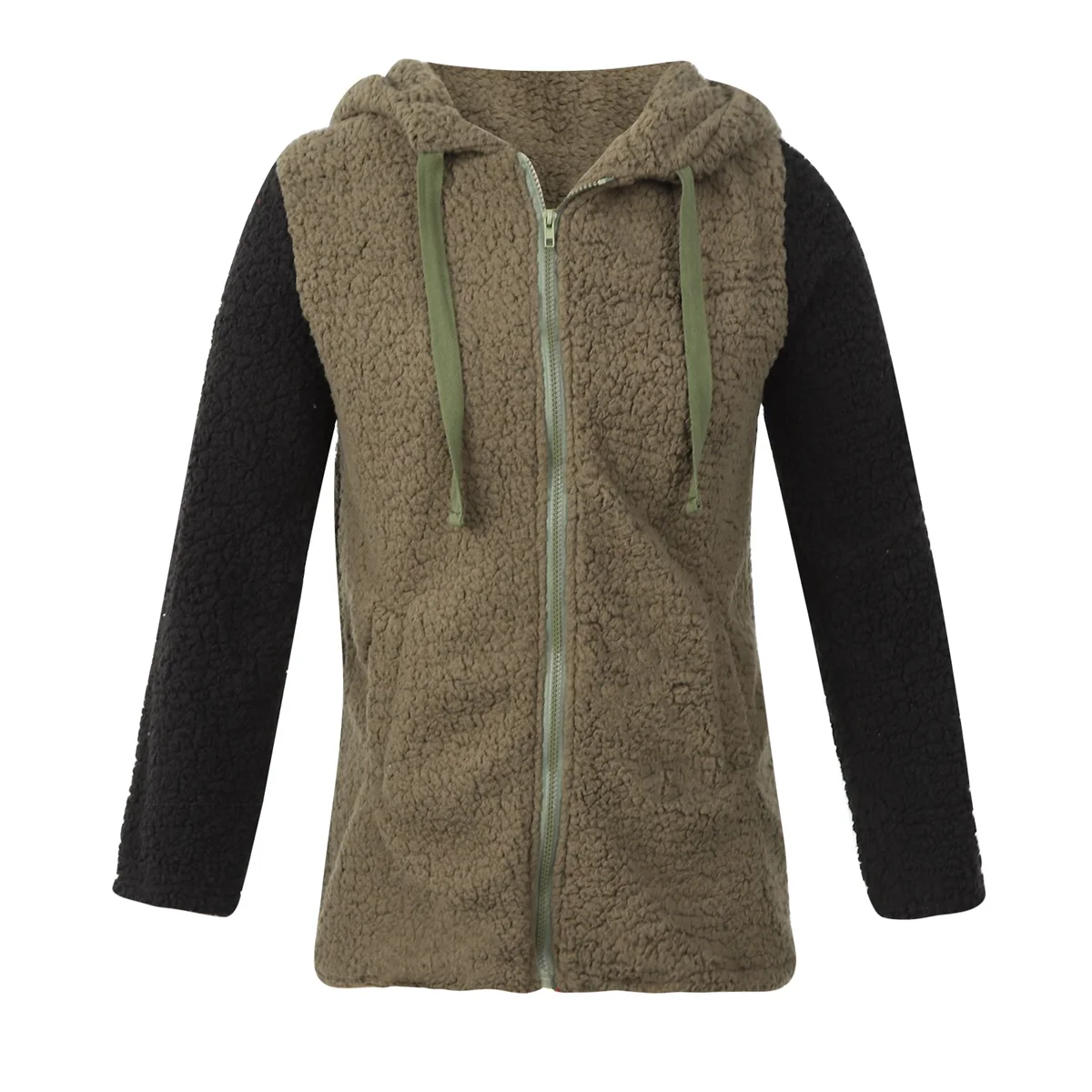 Dames Casual Jas Mode Losse Kleur Blokkerende Hoed Verdikt Fleece Haarhalslijn Zakjack, L Armygroen