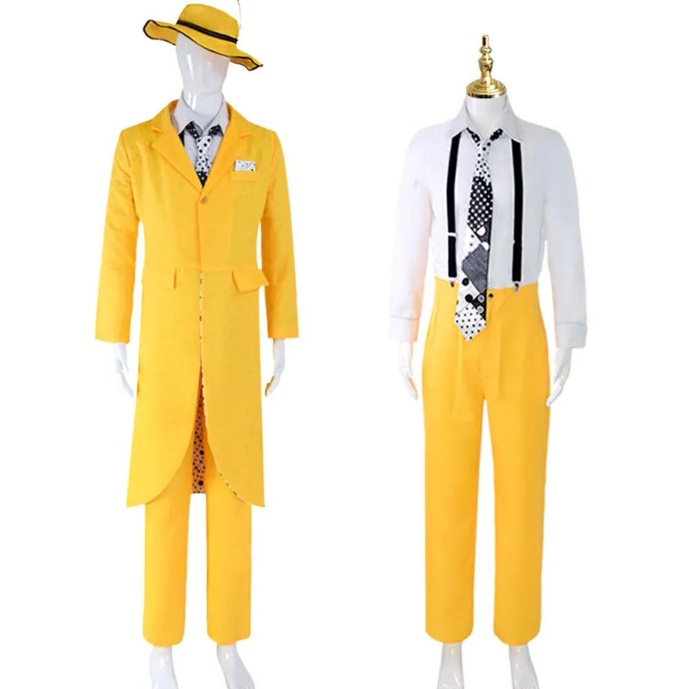 Game Carrey Cosplay Uniform Anime Costumes Mask Yellow Trench Hat Suit Halloween Carnival Party Jim Clown Outfits Mask for Men