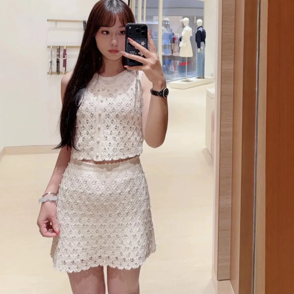

Spring/Summer Women O-Neck Crochet Hollow Pearl Solid Set Sleeveless Slim Top + High Waist A-Line Elegant Fashion Skirt