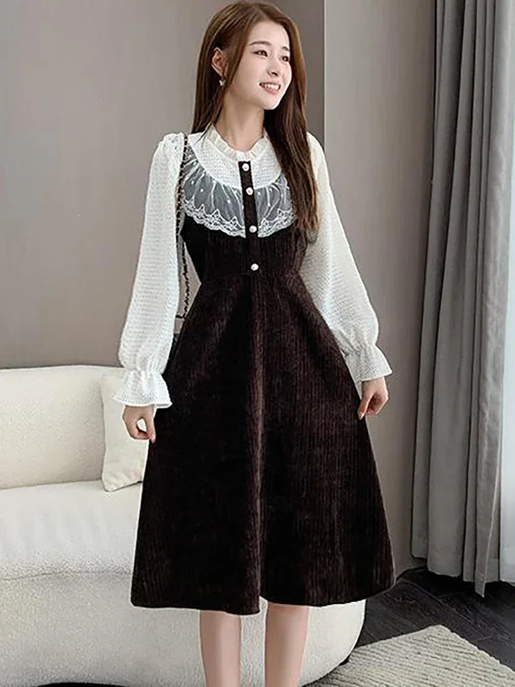 2024 Black Corduroy Thick Warm Midi Dress Women Fashion Lace Ruffled Collar Dress Autumn Winter Elegant Party Chic Prom Vestidos