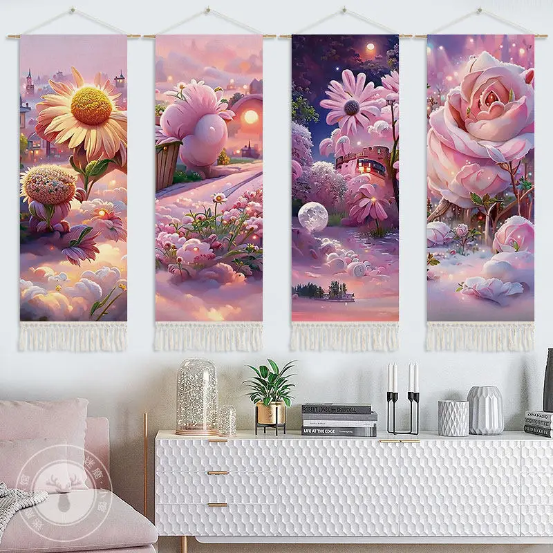 Kawaii Fantasy Tapestry Wall Hanging - Pink Castle Wall Art, Aesthetic Room Decor for Girls Bedroom, Boho Home Decoration