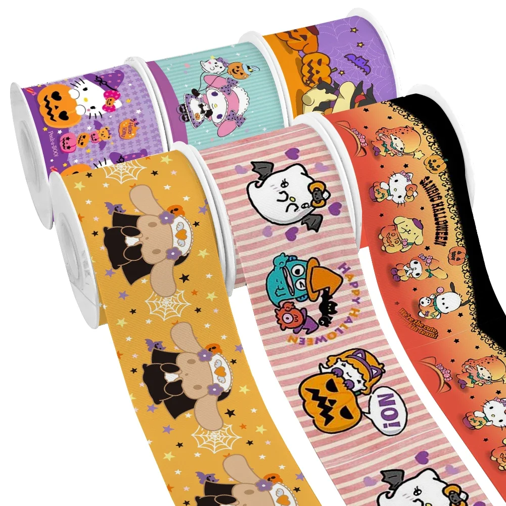 

Halloween Sanrio Melody Japan Kitty Cartoon Kuromi Design Printed Grosgrain Satin Ribbon for Gift Wrapping Hair Bow 50 Yards