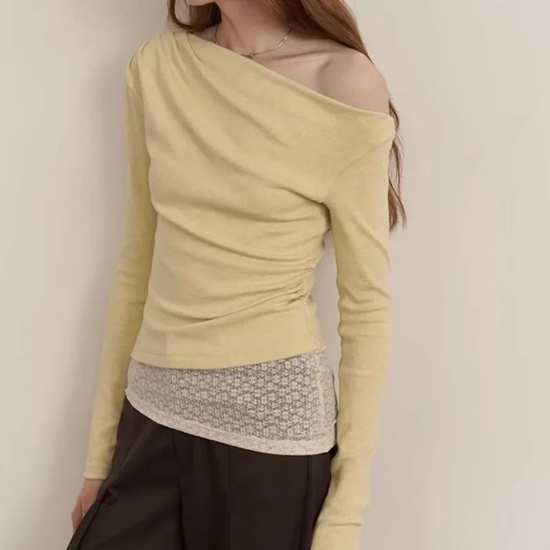 

Camisetas Y2k Slim Waist Folds Irregular American Tees Women Off Shoulder Knitted Tshirts Vintage Lace Patchwork Yellow Tops