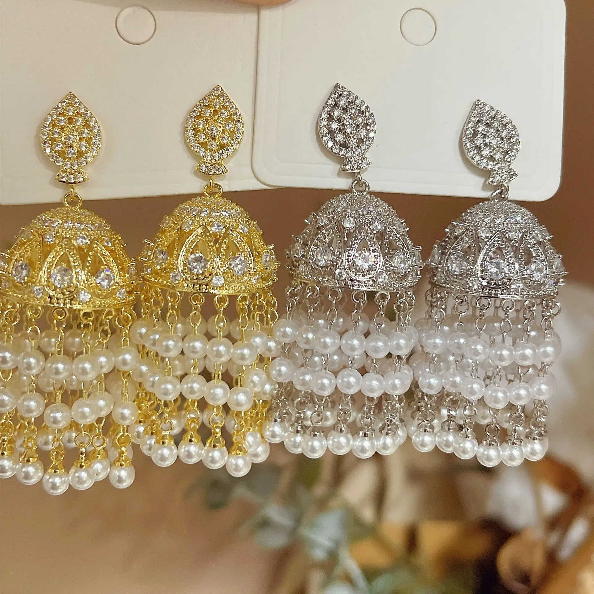 

Women Exaggerated golden birdcage pearl earrings fashion retro luxury lantern zircon tassel wind chimes bell