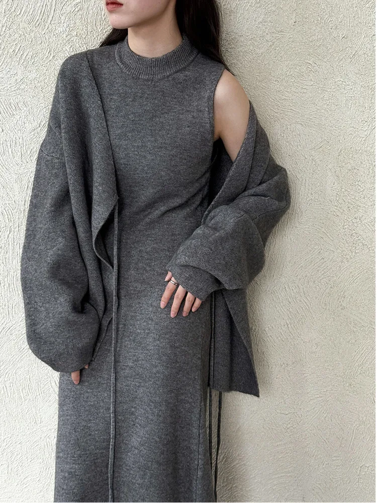 WHTREND estilo francés elegante vestido largo de punto sin mangas + cárdigan medio de estilo elegante conjunto de dos piezas para mujer WH1871