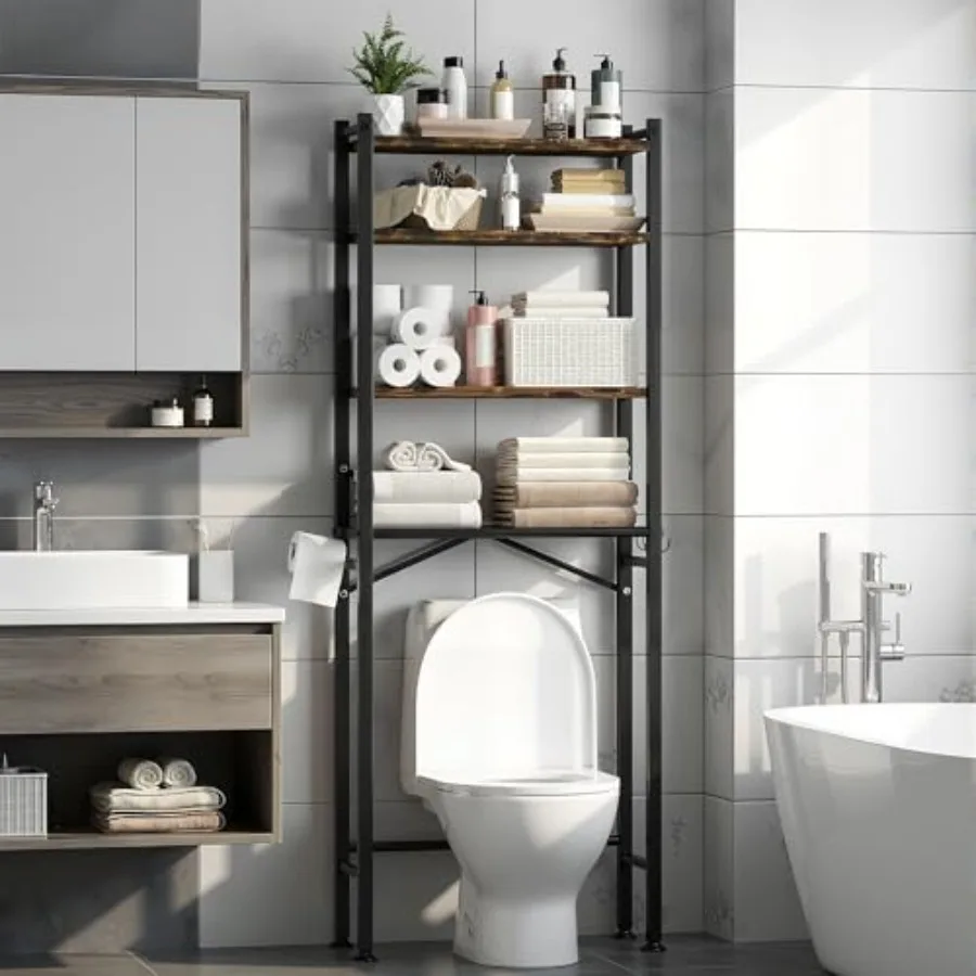 

Over-The-Toilet Storage Cabinet with Adjustable Shelf 4-Tier Black Square Metal Bathroom Organizer for Space Saving in Bathroom