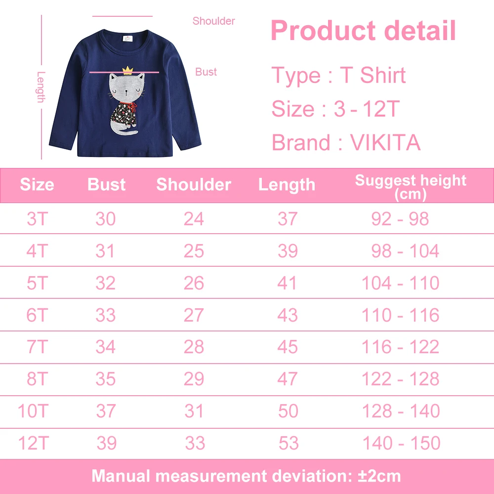 VIKITA Girls Cat Cartoon Print T Shirts Kids Navy O Neck Autumn Spring Cotton Casual Daily Long Sleeve Tops Tees Kids Clothing