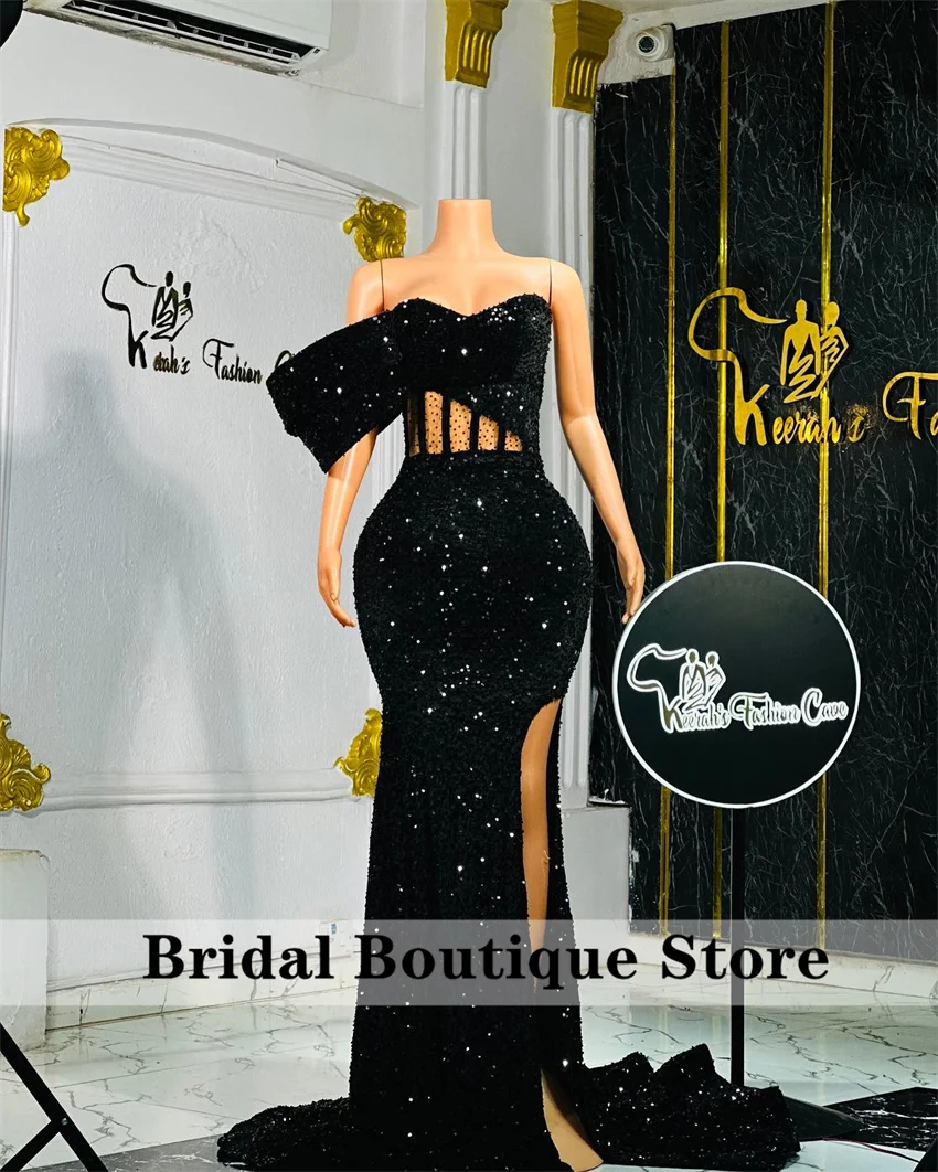 

Glitter Black Evening Dress 2025 Beads Sequins Birthday Party Vestidos Prom Wedding Reception Party Gown Customized