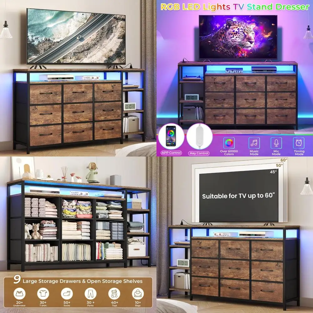LED-Lit Entertainment Center with 9 Fabric Drawers, Charging Station, and Dresser for Bedroom TV Stand