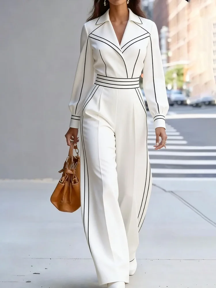

Bonboho Women's White Black Contrast Trim Collared High Waist Wide Leg Jumpsuit Elegant Office Jumpsuit for Work & Formal Events