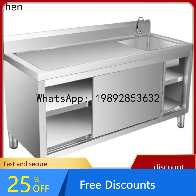 AA  Stainless Steel Sliding Door Workbench with Sink Commercial Sink Stove Integrated Household Kitchen Cabinet Storage Cabinet