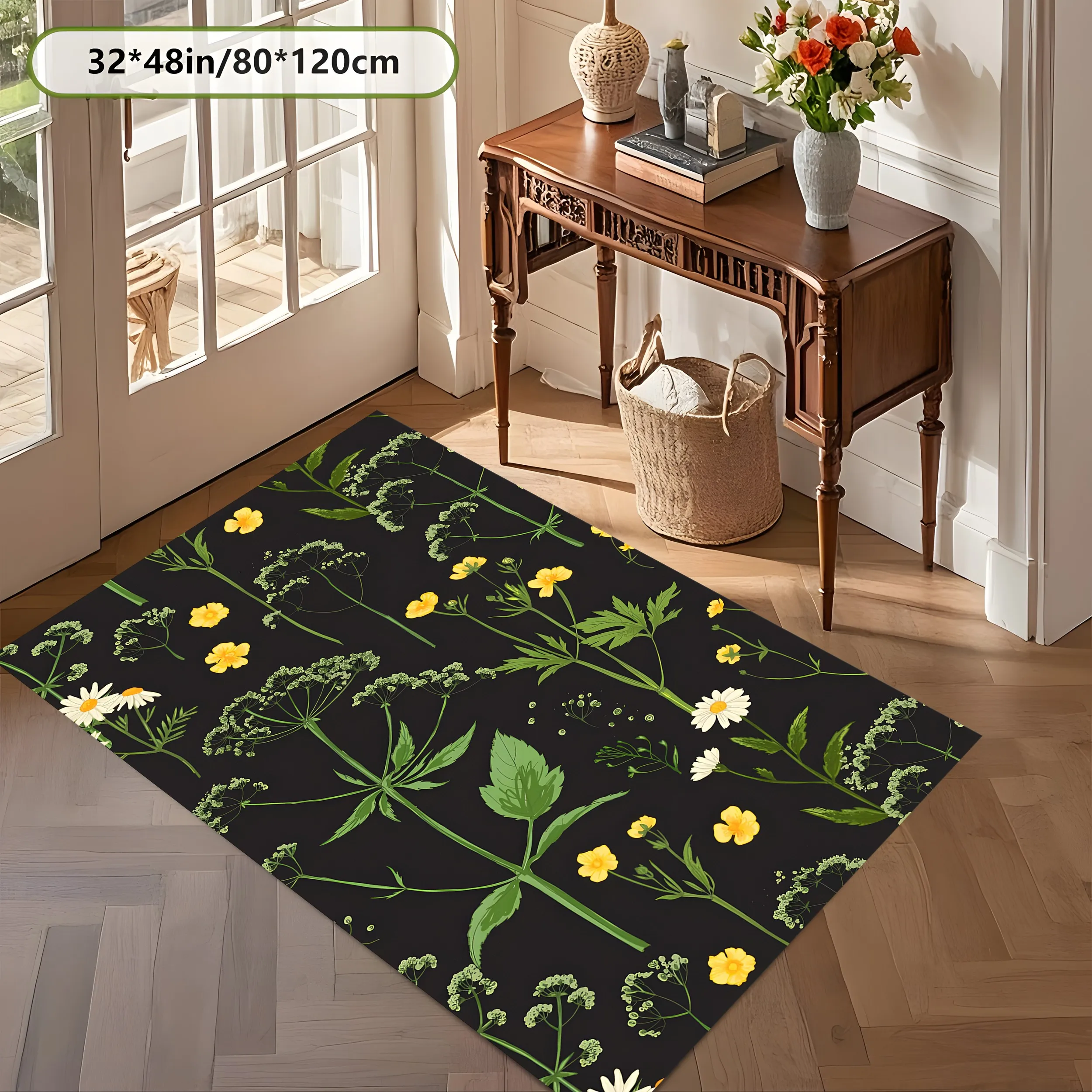 2D Large Carpet Black Background Rustic Floral Forest Retro Style for Living Room Bedroom