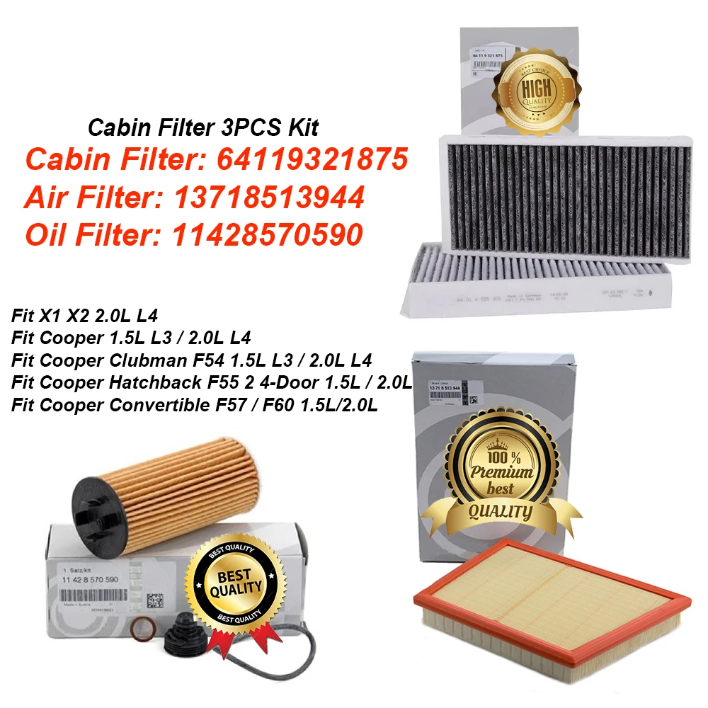 

High Quality Cabin Filter 64119321875 64119321876 Oil Filter 11428570590 11428575210 Air Filter 13718513944 13717619267 For BMW