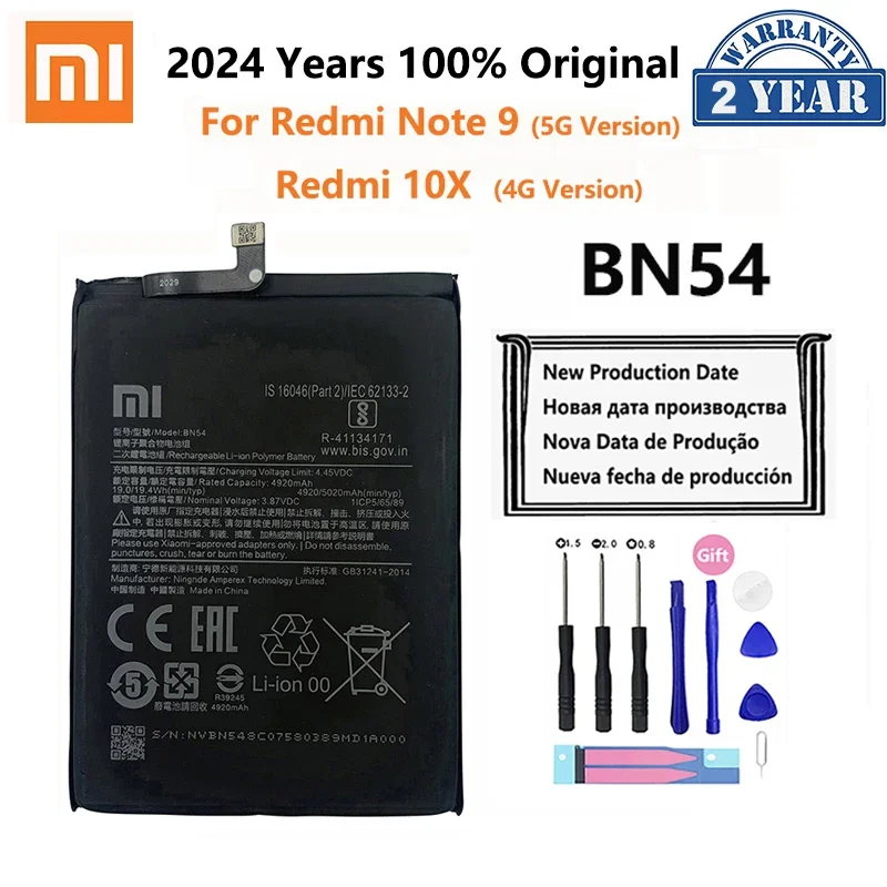 

100% Original Xiao Mi BN54 5020mAh Phone Battery For Xiaomi Redmi Note 9 5G / Redmi 10X 4G Replacement Batteries Bateria