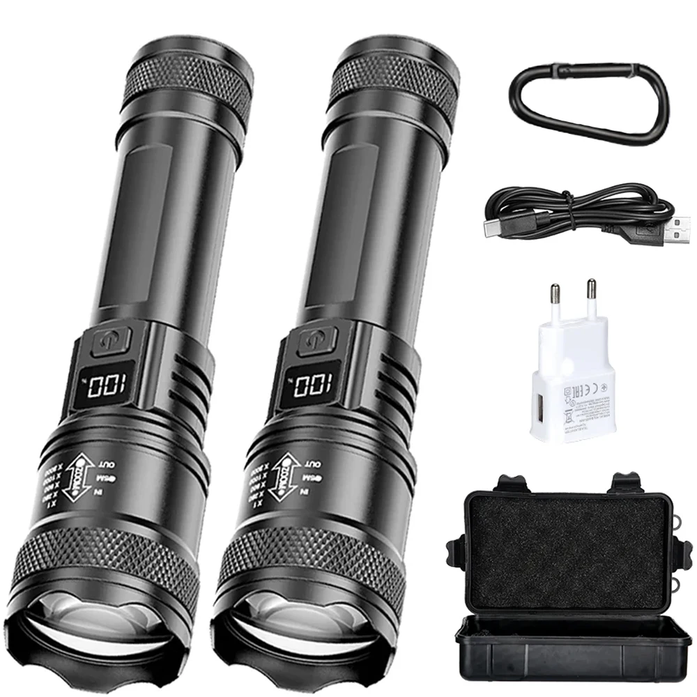 

LED Zoomable Flashlight USB Rechargeable Torch with LCD Display 3 Modes Waterproof High Power Hand Light for Outdoor Camping