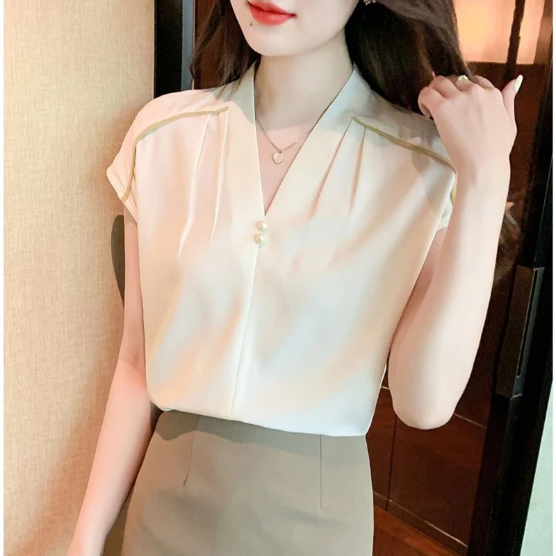 Women Ruffle Beaded Chic Elegant Blouse Summer Fashion Simple Business Casual Office Lady Shirts V Neck Short Sleeve Tops Blusas