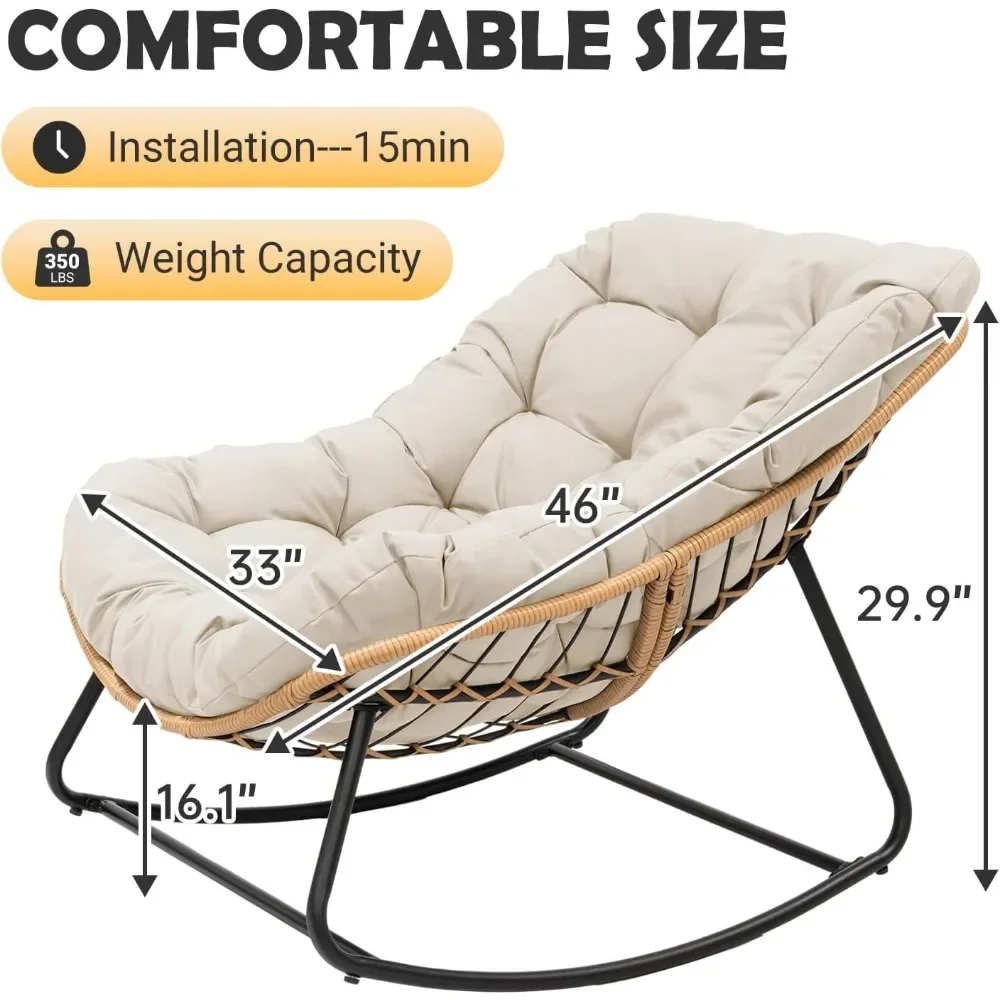 Outdoor Papasan Rocking Chair, Indoor Egg Rocking Chair with Thick Cushion, Oversized Wicker Rattan Patio Lounge Chairs for Bac