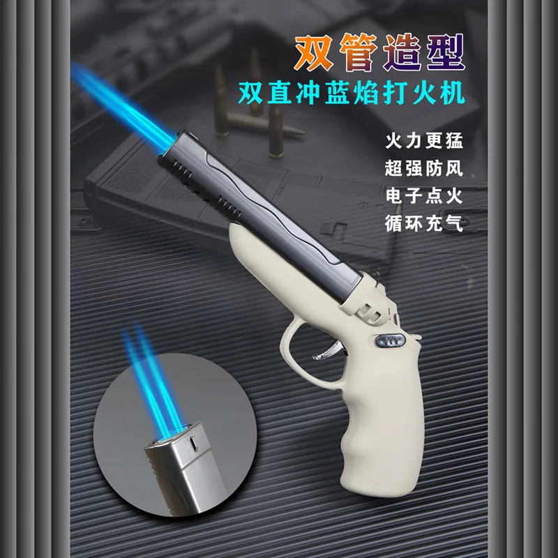 Double Barrel Double Musket Shape Double Straight Punch Blue Flame Inflatable Windproof Pistol Lighter TikTok Dropshipping