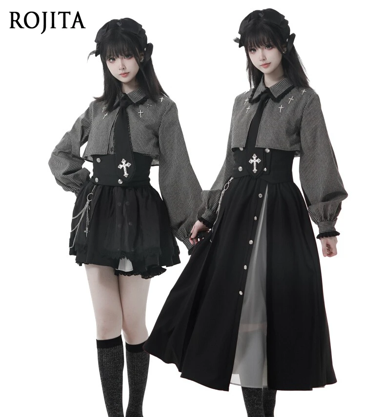 Striped Gothic Shirt and Tie Japanese Polo Collar Lantern Long Sleeve Single-Breasted Top Asymmetric Long Skirt Pants Women