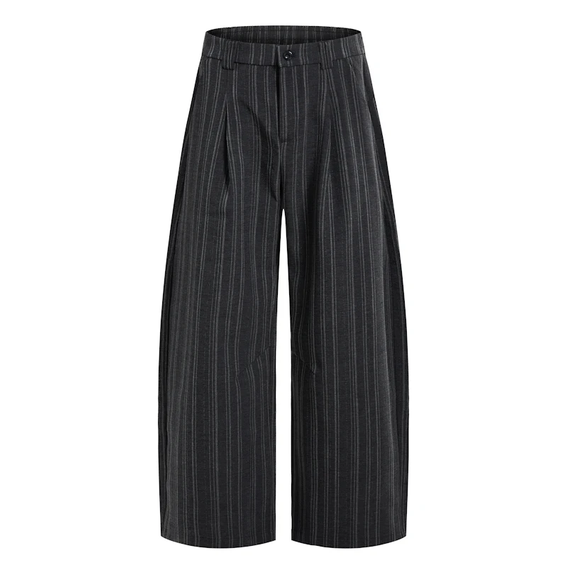 High End Men's Wide Leg Trousers American Casual Pinstripe Pattern Half Elastic Waist High End Formal Streetwear