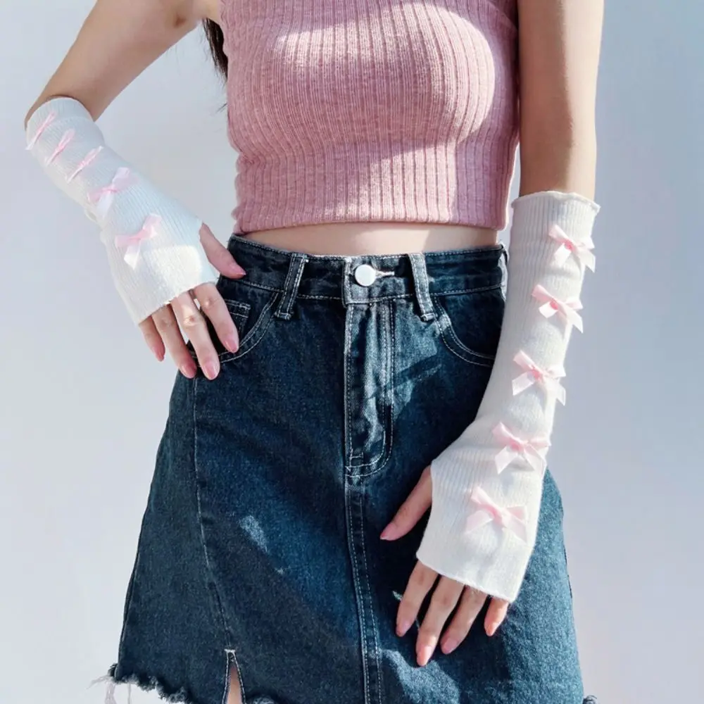 

Streetwear Elastic Y2K Warm Sleeves Bowknot Ballet Style Bow Knitted Gloves Sweet Korean Style Fingerless Arm Warmers JK