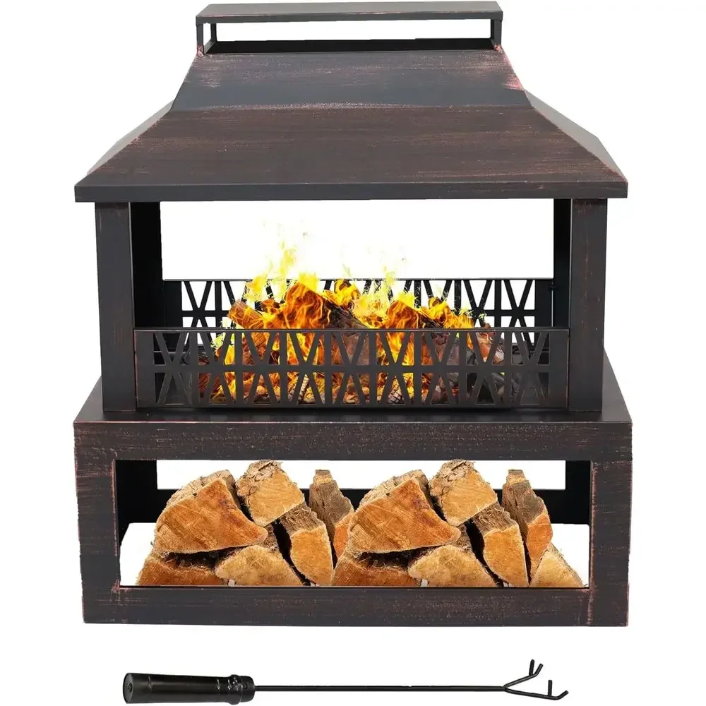 35-Inch Heavy-Duty Steel Outdoor Fireplace with Built-in Log Storage and Protective Cover - Brushed Bronze