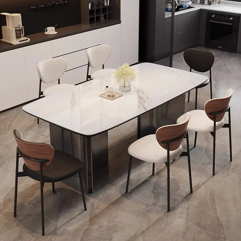 Mesa de jantar e cadeira de laje de rocha combinação italiana suporte completo placa de base de aço inoxidável moderno e minimalista casa luz luxo