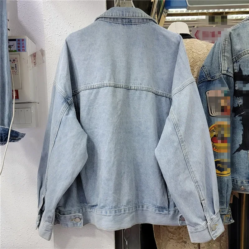 Heavy Work Diamonds Denim Jacket Women Loose Vintage Blue Short Cowboy Outerwear Spring Autumn Casual Jeans Jacket Coat Female - Image 2