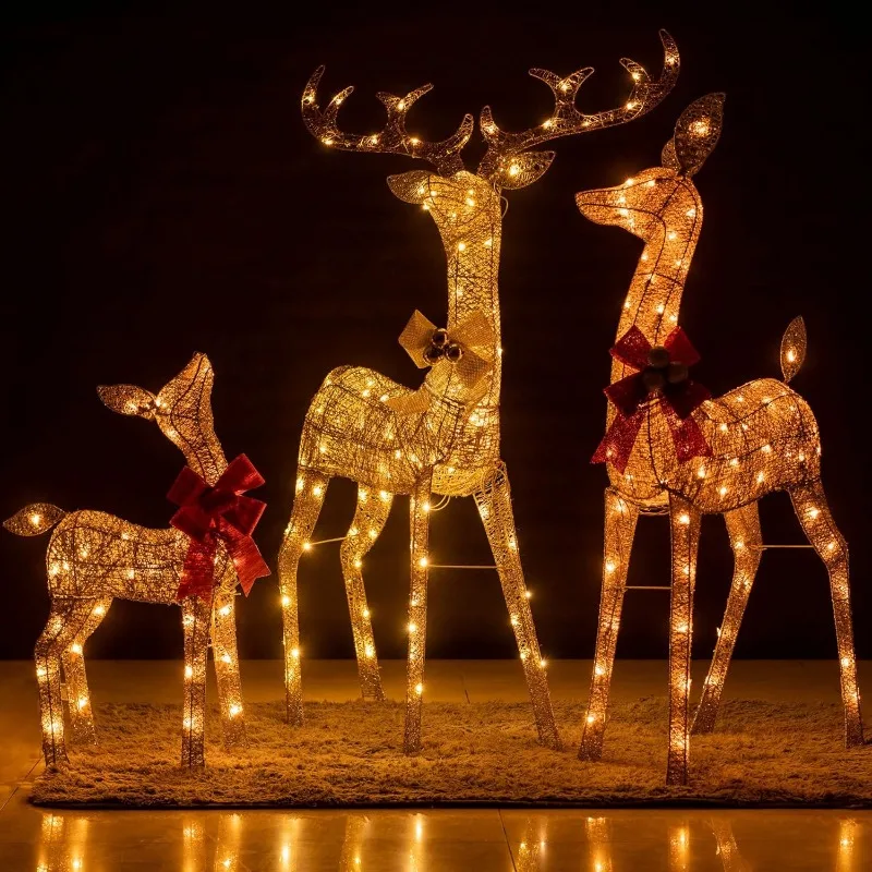 Pre-lit 3D Christmas Reindeer Family, Glitter Christmas Deer Family Holiday Decoration with Warm White LED Lights (3D Family)