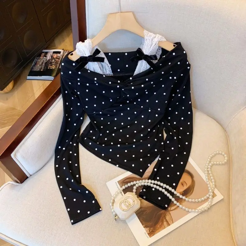 

High Quality Sweet Off Shoulder Bow T-shirt Women Long Sleeve Female Tops Irregular Lace Chic Polka Dot Slim Womens Clothes