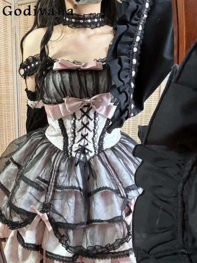 

Dream Sweet Girl Lolita Dress Jsk Two-dimensional Subculture Cos Comic Show Ballet Style Bow Lace Flare Sleeve Suspender Dress