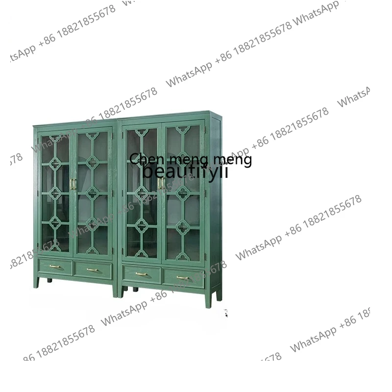 retro combination bookcase solid wood living room art glass display cabinet green large capacity book high cabinet double door