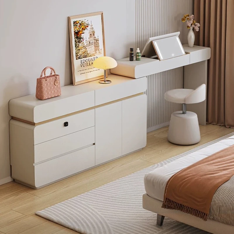 Cream White Dressing Table Flip LED Light Mirror Vanity Table With Storage Cabinet Drawers Bedroom Dresser With Adjustable Stool
