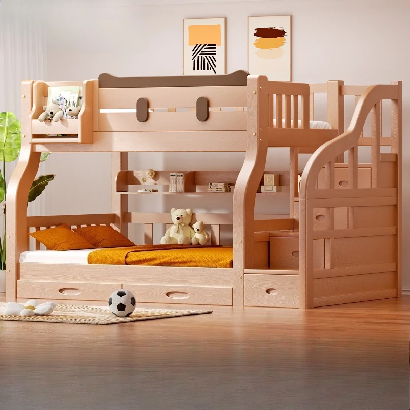 g*- Children's Bunk Bed Frame BedroomFurniture Cartoon Cat Style Kids Bed Anti Collision Design Solid Wood Bed Slat
