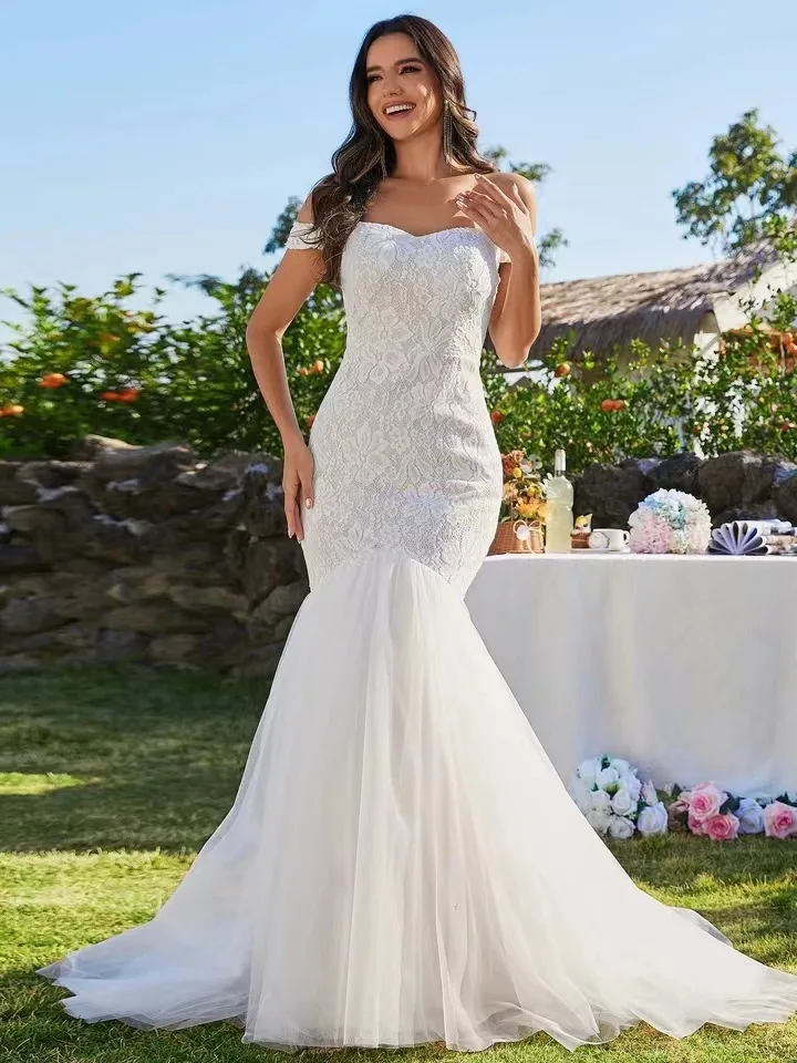 New Mermaid Wedding Dress Slim Fit One Shoulder Long Lace Tie Fishtail Wedding Dress