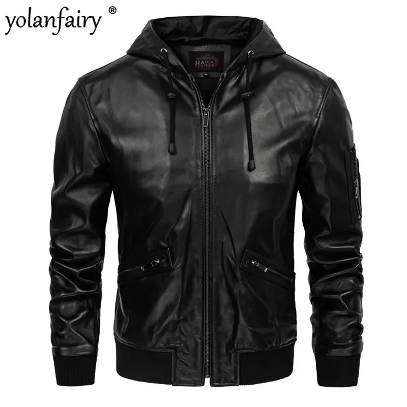 

YOLANFAIRY Natural Sheepskin Leather Jacket Men Hooded Genuine Leather Coat Male Fashion Jackets Chaqueta De Cuero Para Hombre F