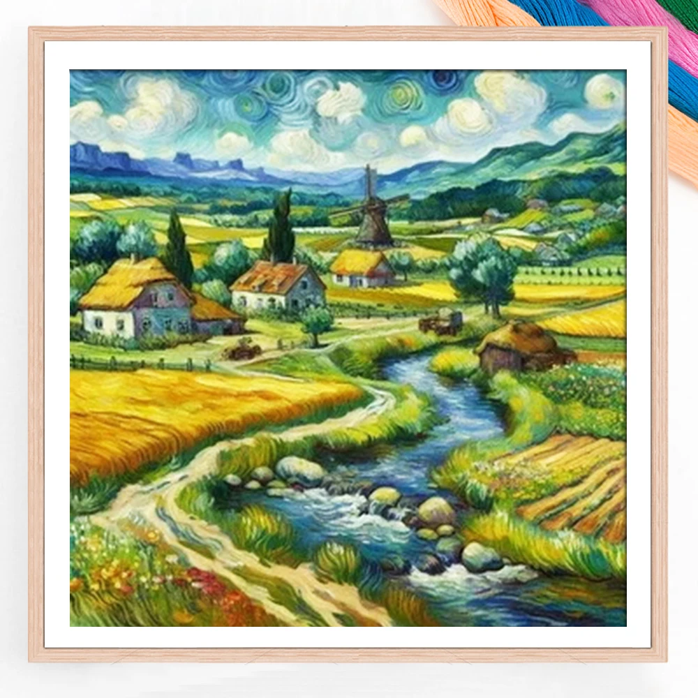 Kit Complet de Broderie Point de Croix DIY : Village à l'Effet de Vente de Vent, Paysage Unique, Cadeau de Noël, Décoration Moderne pour la Maison