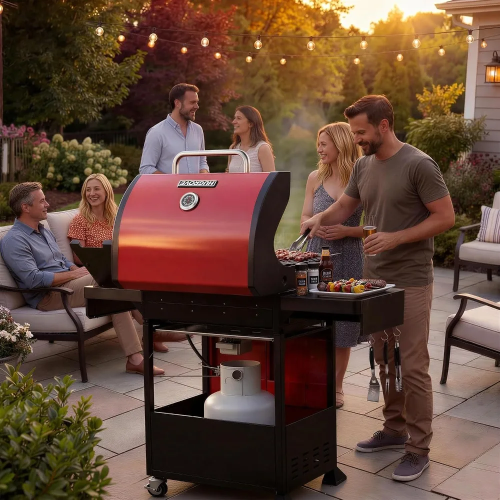 4 Burner Propane Gas Grill with Side Burner, 56000 BTU BBQ Grill, 601 Sq In Cooking Area, Cast Iron Grates, Red
