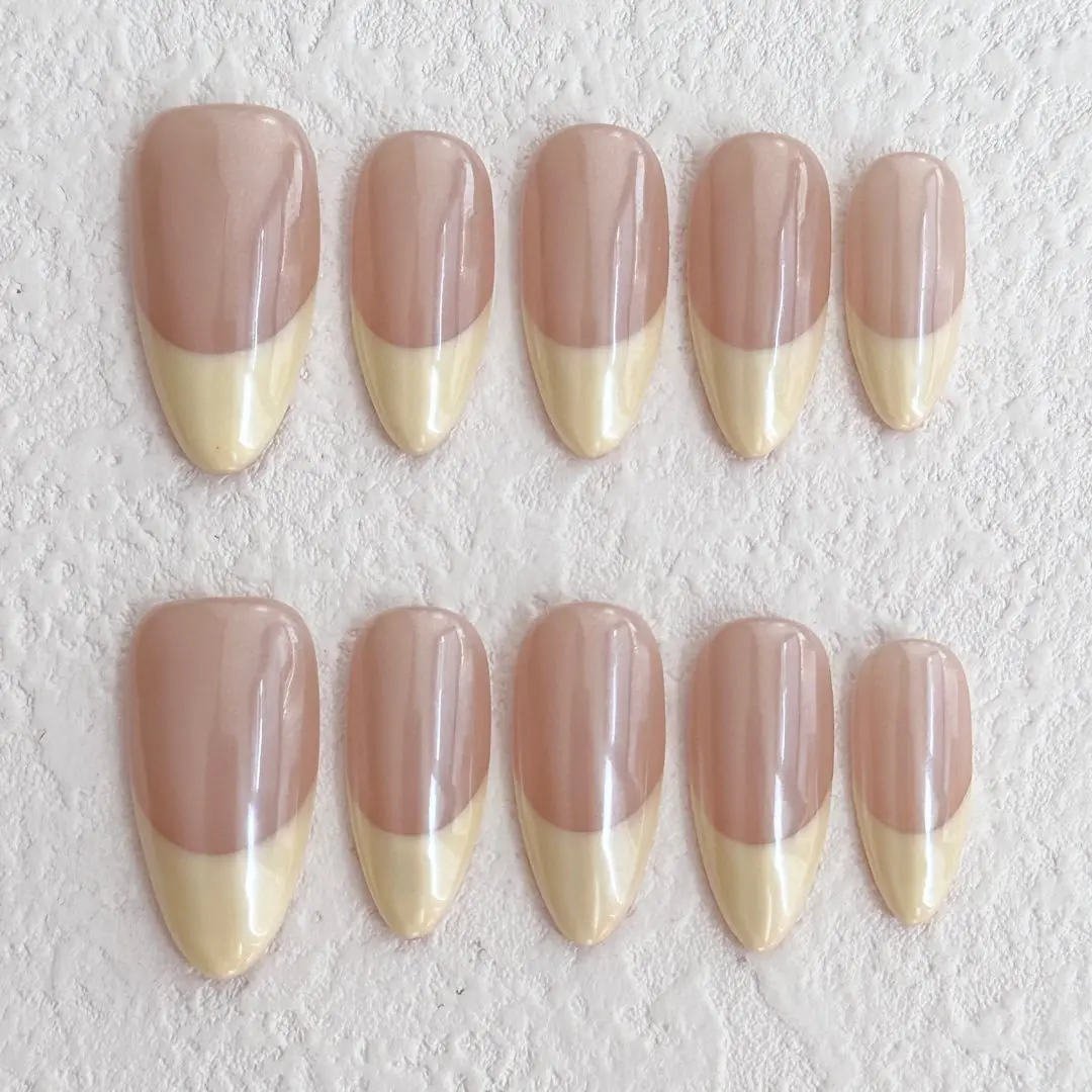 10pcs Simple Almond Handmade Fake Nails Sets French Yellow Tips False Nail Reusable Press on Nails Finished Nude Color Manicure