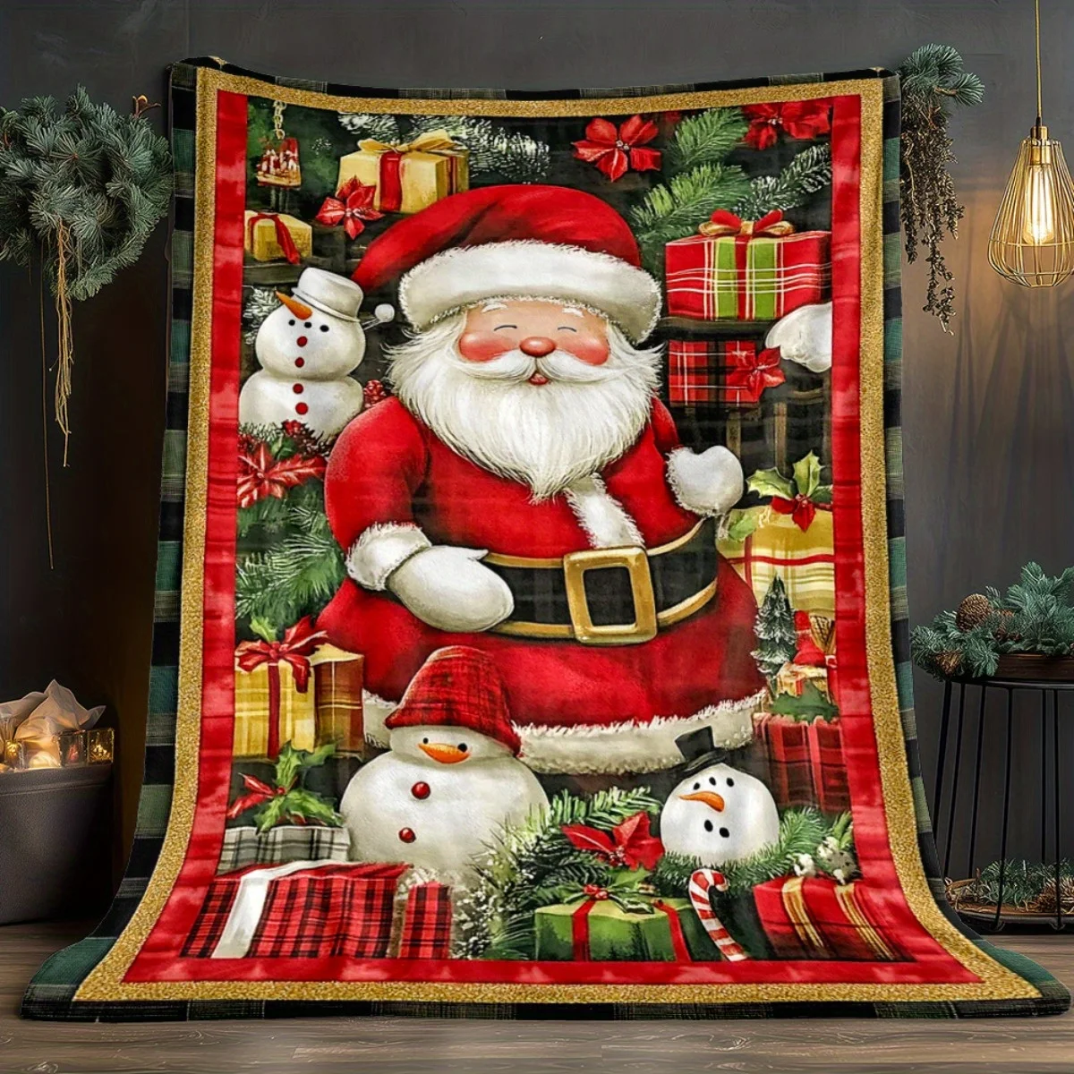Santa Claus snowman gift box Christmas tree holiday scene blanket festive winter flannel throw  for holiday season decoration